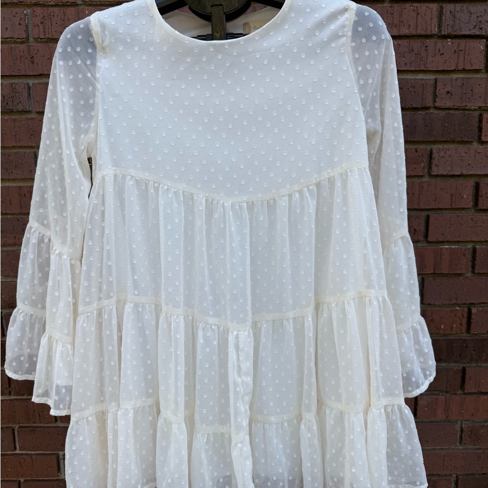 Altar'd State Mini Dress Fairy Sheer Ivory Swiss Dot Tiered Bell Size XS New